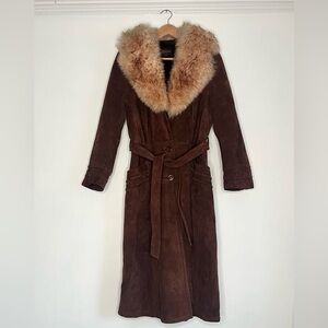 Brown Suede Penny Lane Coat with Fur Collar